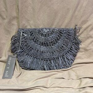 MAR Y SOL Mia Handwoven Straw And Raffia Dove Gray Clutch